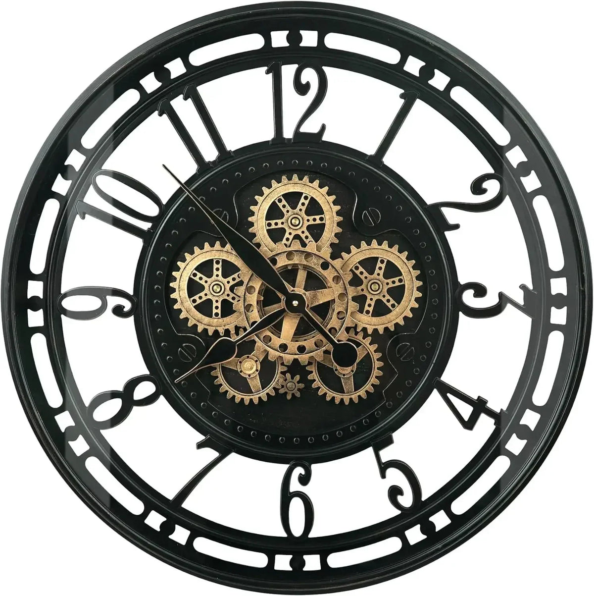 Industrial metal wall clock with decorative movable gears - Antique Black Arabic