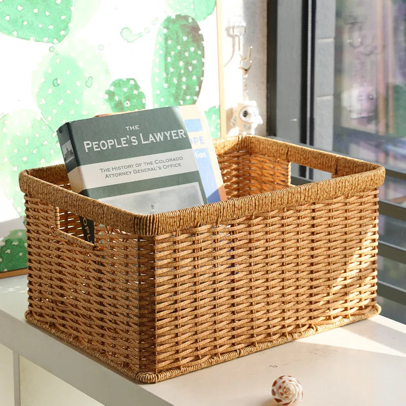 Strong Rectangle Woven Storage Basket with Handles, Waterproof Plastic Baskets for Home Toy Storage, Nest - view 5