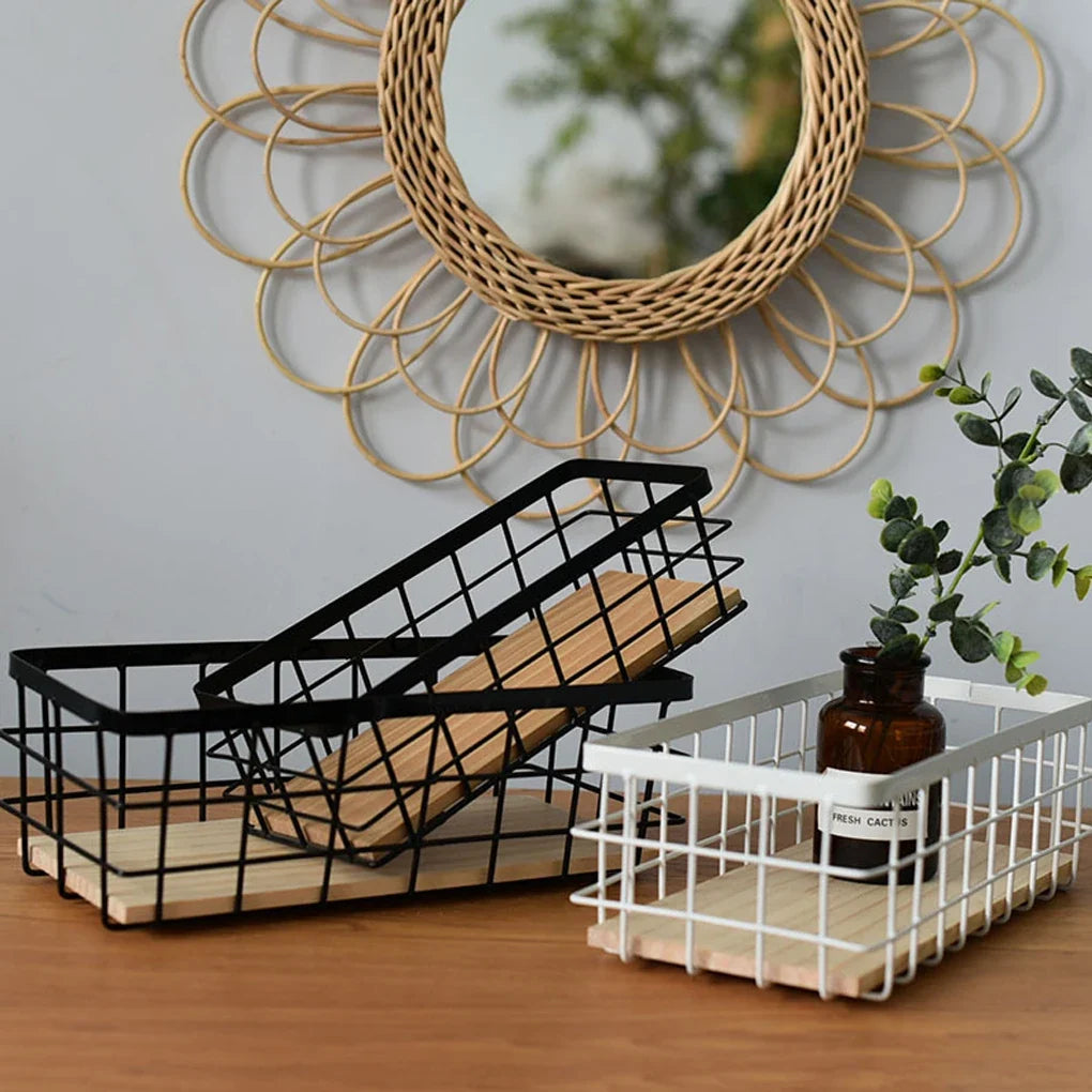 Hanging storage basket in metal and wood for cosmetics - view 2