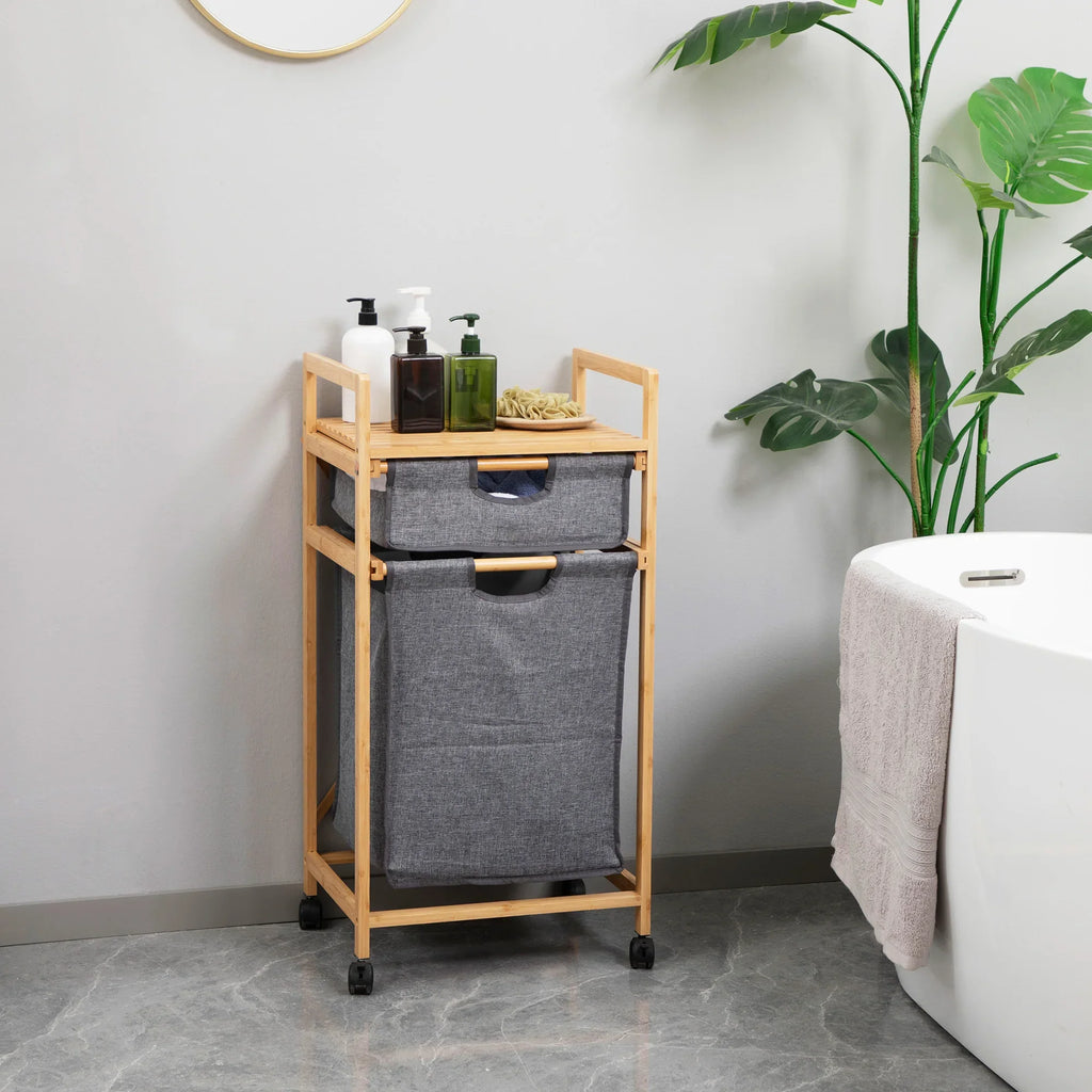 HOMCOM bamboo laundry hamper 2 removable cloth bags 42x35x84,5 cm - view 2