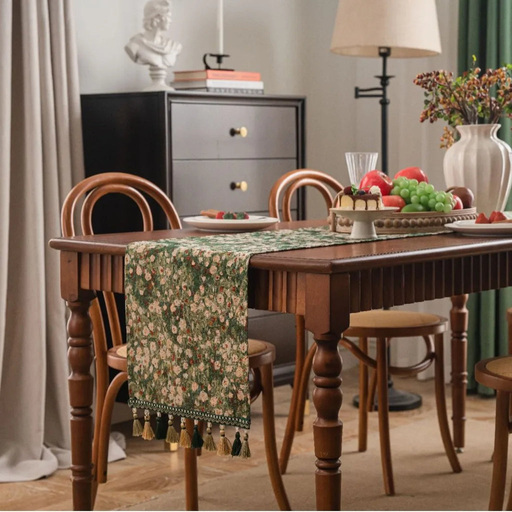 Green table runner country floral pattern pom-poms - view 3