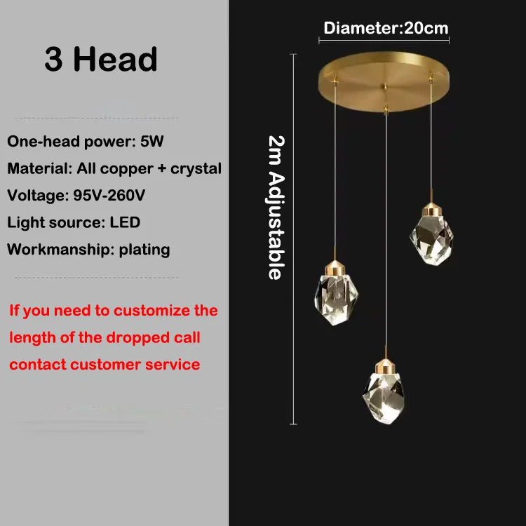 Led crystal chandelier design in modern and elegant copper - 3 Heads / 6000K Cold White