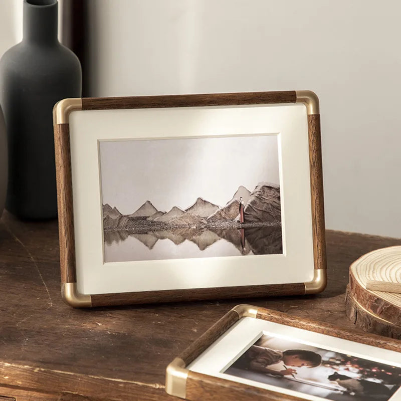 Wooden photo frame with copper corner for elegant decoration