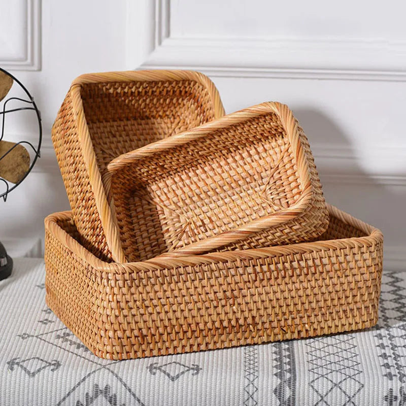 Hand woven rattan rectangular baskets for storage and decoration - view 4