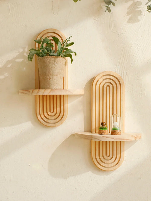 1Pc Boho Style Wooden Wall Shelves - Geometric Wall Mounted Shelves, Natural Wood Finish, Modern Home decor, Plant Decorative - view 2