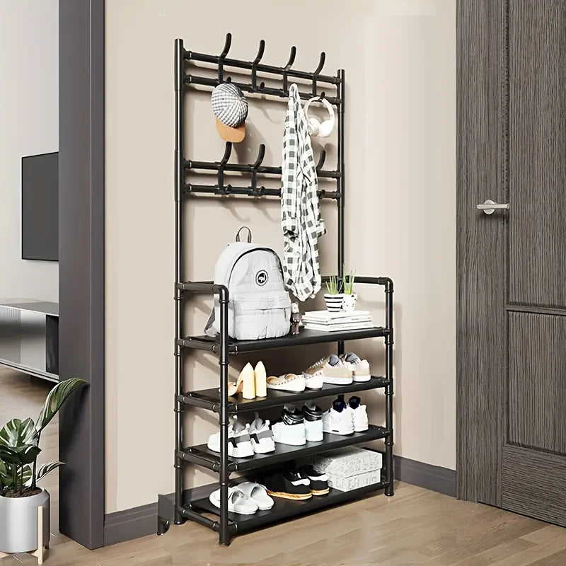 1 Piece 4/5 Ply 23" Carbon Steel, Multipurpose Clothes and Shoe Rack, Black/White, Self Assembly Required - Four Layers Of Black