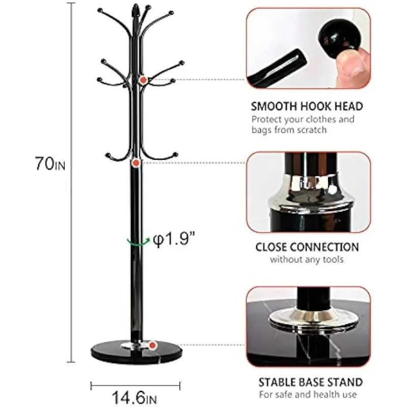 Marble-Base Metal Coat Rack, 12-Hook Hall Tree, Style Three - view 6
