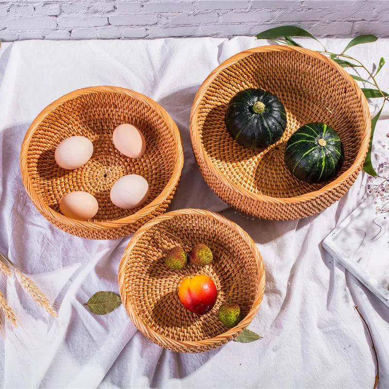 Round Rattan Woven Wicker Bread Basket for Home Decor