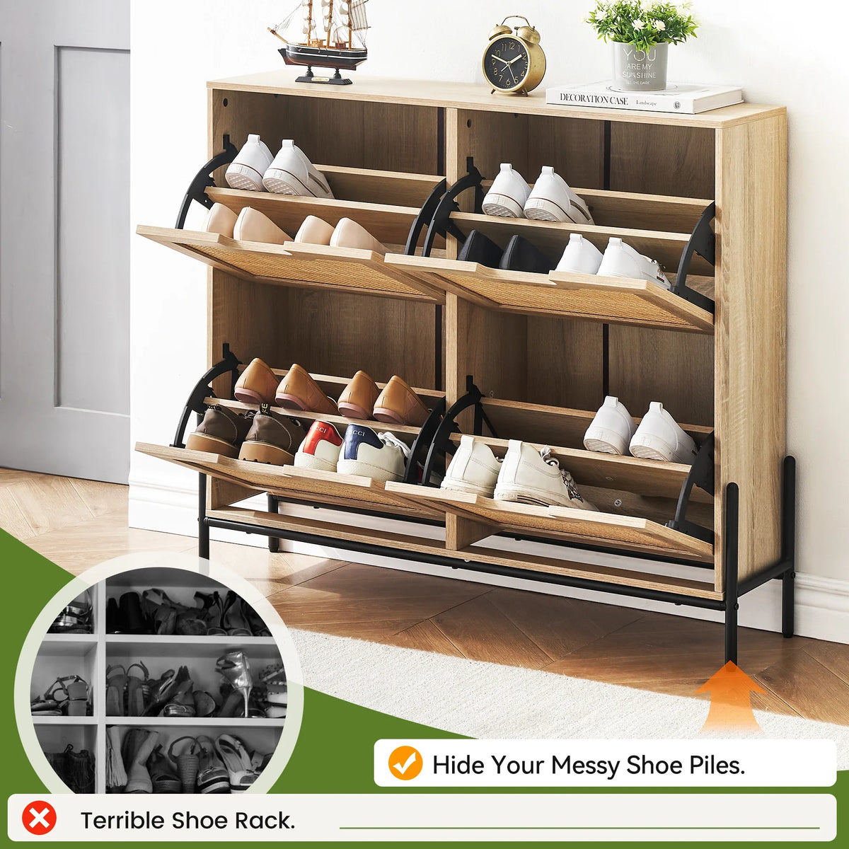 Natural rattan shoe cabinet with folding doors and adjustable shelves - view 4