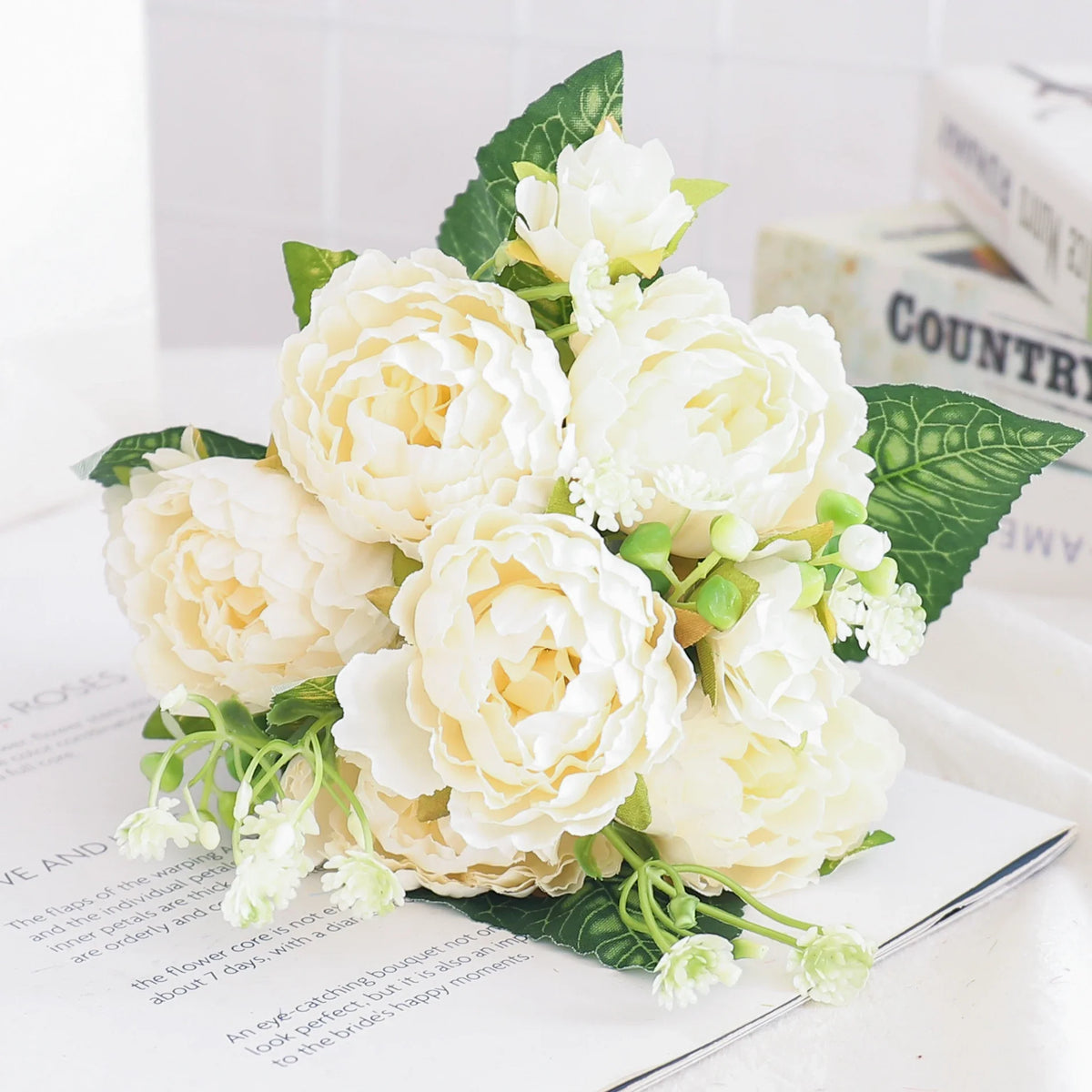 Artificial flowers silk peony hortensia decoration wedding bouquet - White 3