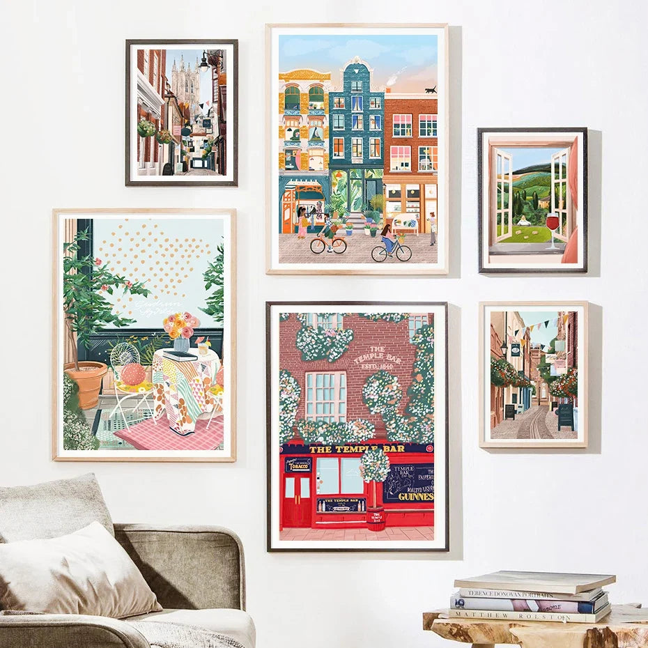 Watercolor art wall coastal town saloon modern decor - view 3