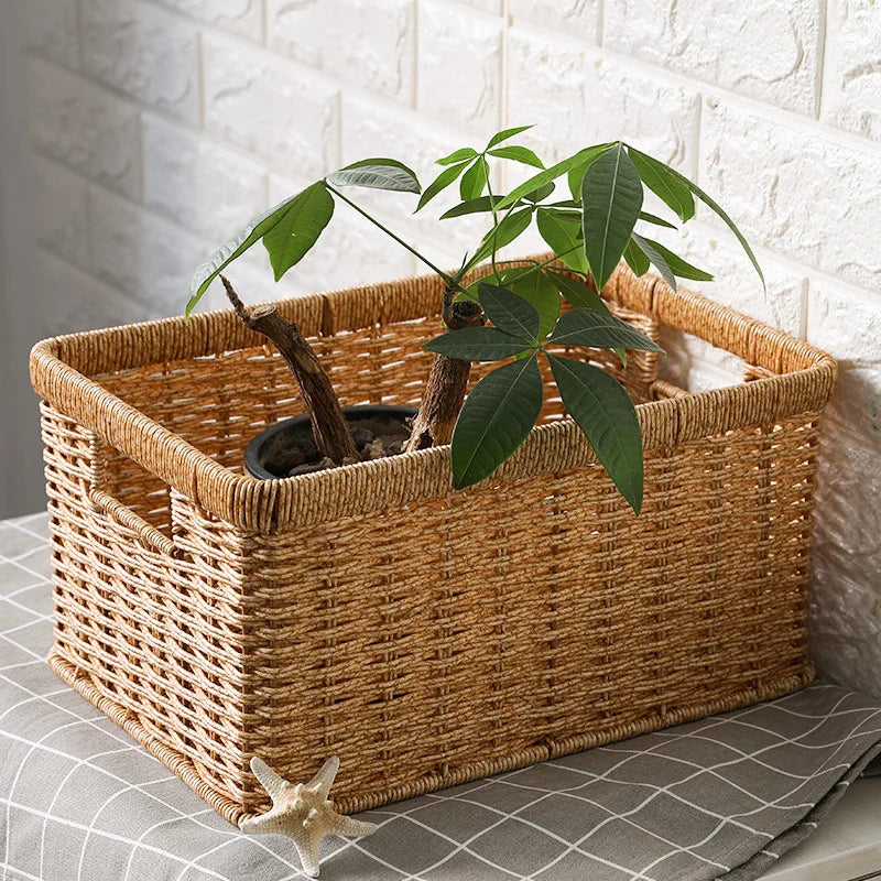 Strong Rectangle Woven Storage Basket with Handles, Waterproof Plastic Baskets for Home Toy Storage, Nest - view 3