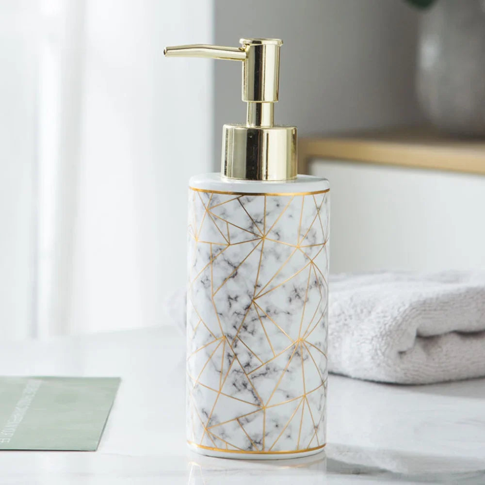 1pc Marble Pattern Ceramic Soap Dispenser,10.14oz Press Type Lotion Dispenser, Refillable Empty Bottle For Shampoo Shower Gel, B - white