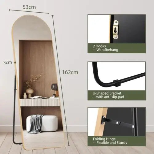 Full Length Mirror Standing Hanging or Leaning Against Wall Large Bedroom Floor Mirror Dressing, Aluminum Alloy Frame 162cm - Gold Arched