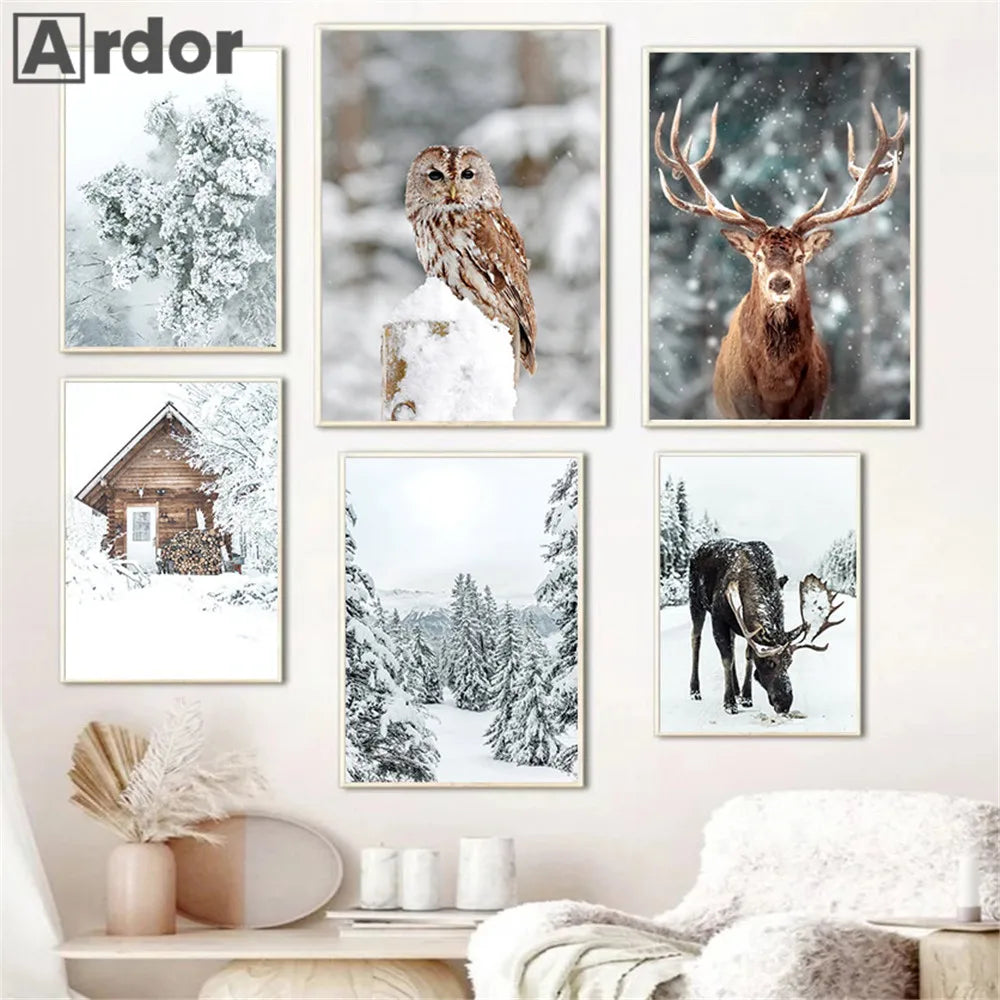 Wall decoration winter forest with owl fox and deer - view 5