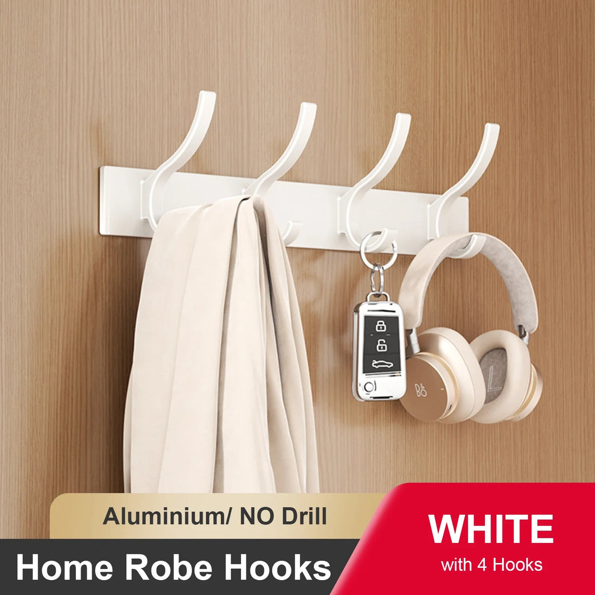 Wall adhesive hook for clothes and towels without drilling - White 4 Hooks