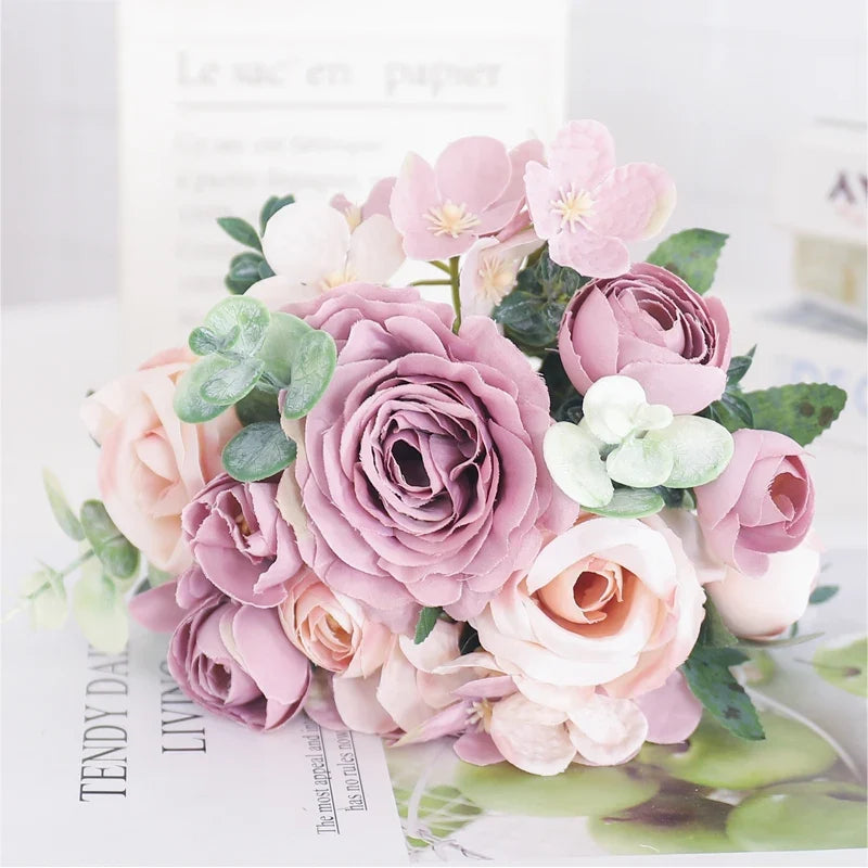 Artificial flowers silk peony hortensia decoration wedding bouquet - Purple 3
