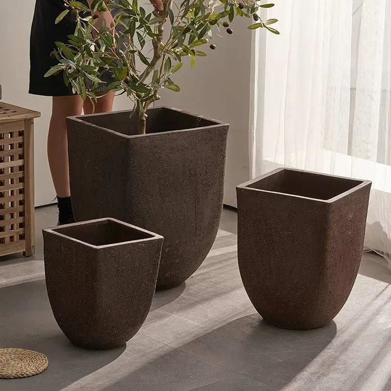 Square clay flower pot for outdoor garden with breathable plants