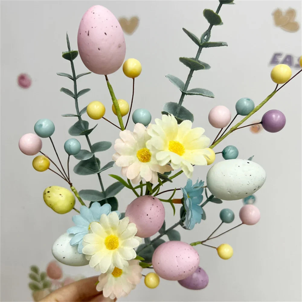 Decoration of artificial egg Passovers and coloured flower bouquets