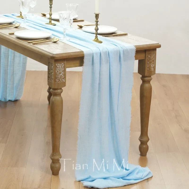 Vintage style cotton gauze wedding table runner - Light blue / 40x200cm