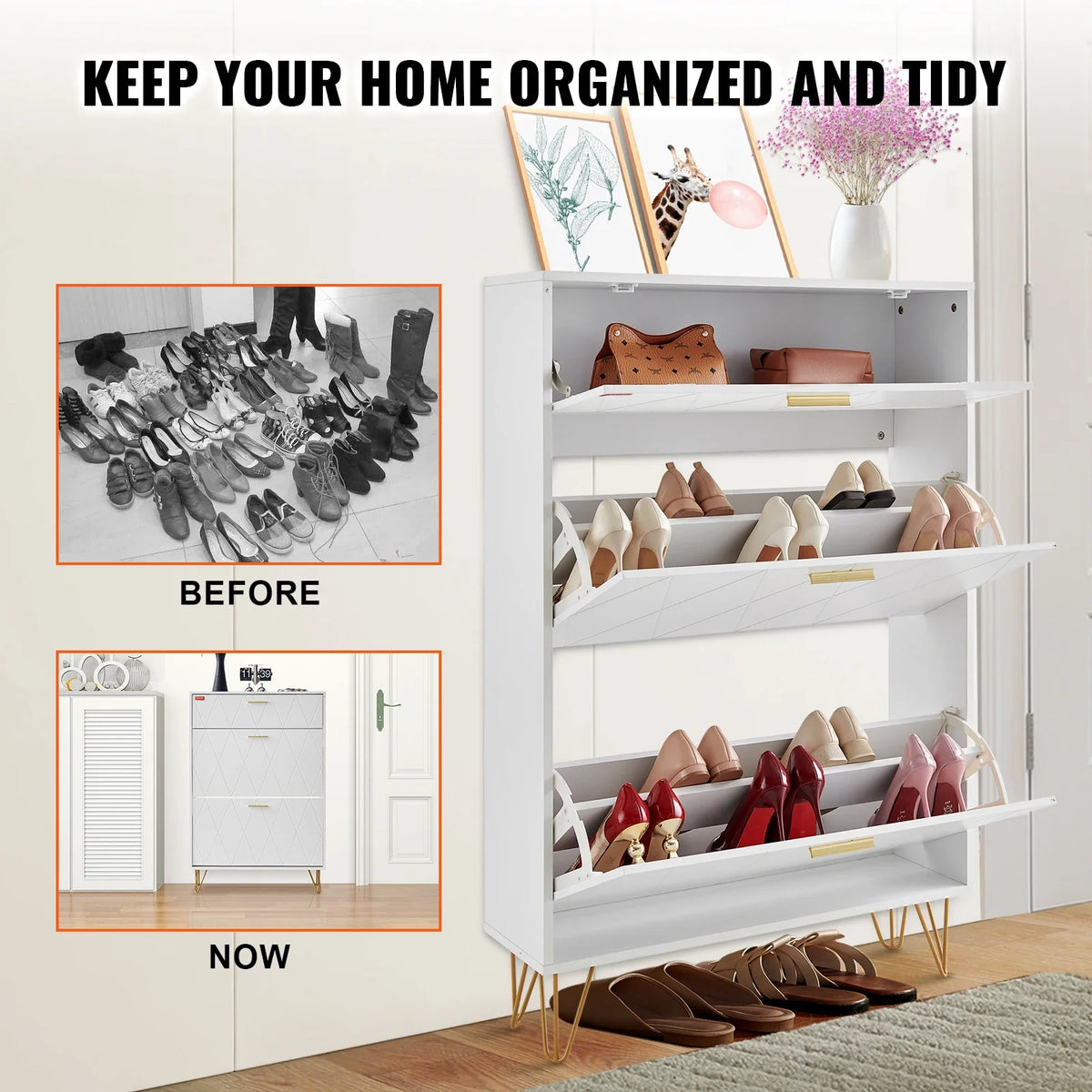 Shoe cabinet with folding drawers for self-contained storage - view 6