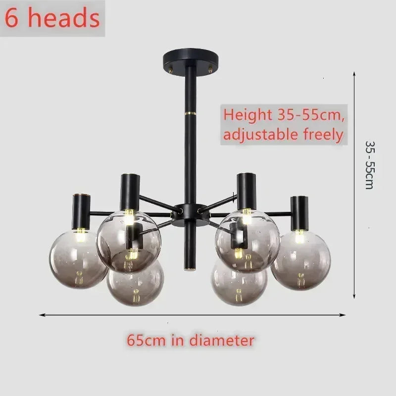 Nordic minimalist pendant light in glass for modern decoration - black 6 heads / coffee / neutral light