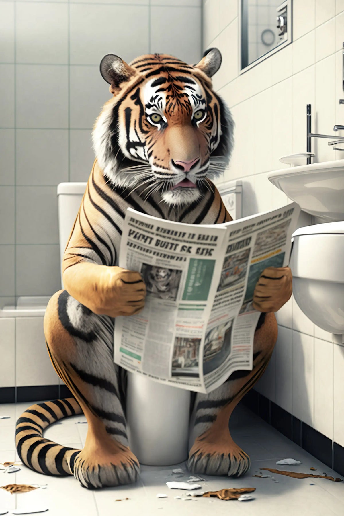 Bear Dog and Tiger on Toilet Humorous Wall Art for Living Rooms - A4 21X30cm Unframed / 17
