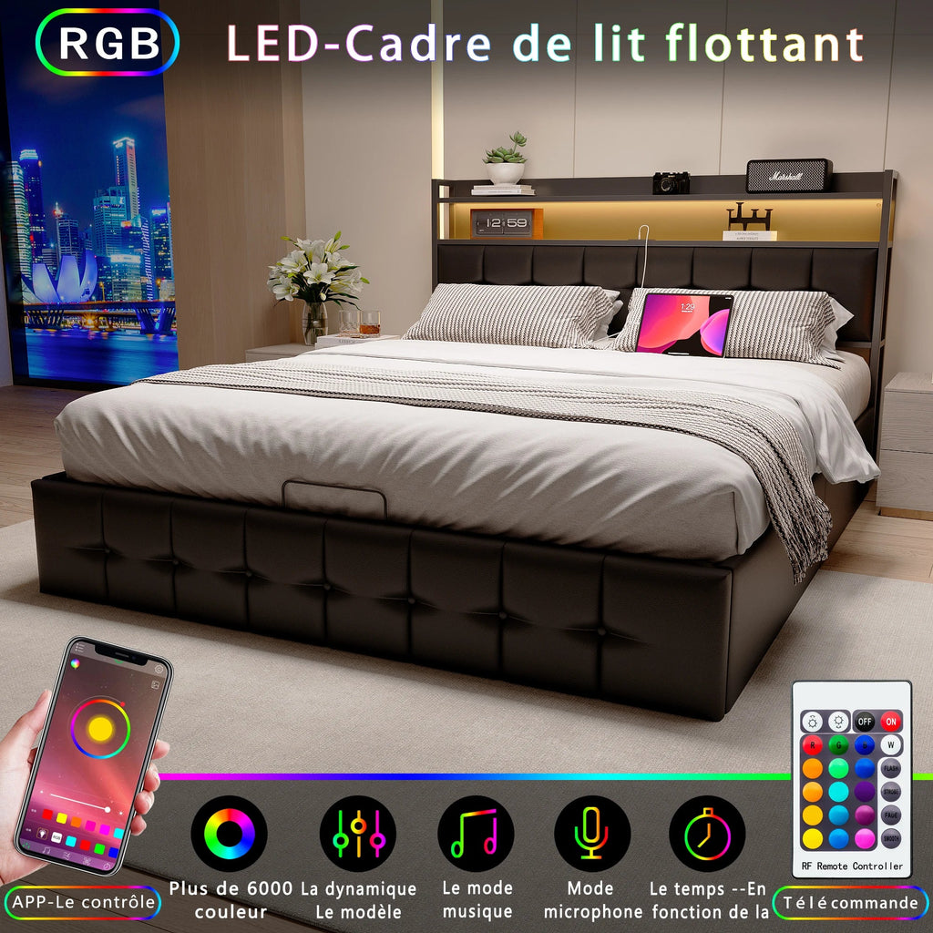 Storage Bed,Upholstered Bed 140/160x200cm,Headboard with LED Lighting and Charging USB,Double Bed with Storage Space,No mattress - view 4