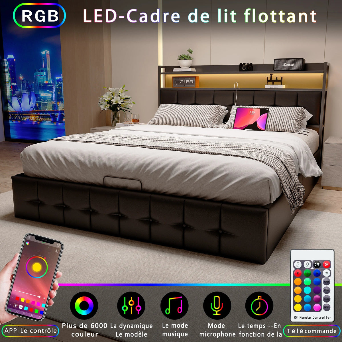Storage Bed,Upholstered Bed 140/160x200cm,Headboard with LED Lighting and Charging USB,Double Bed with Storage Space,No mattress - view 4