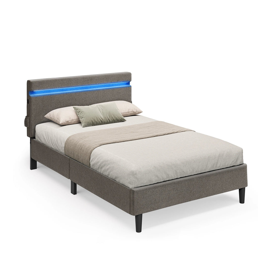 VASAGLE Metal Single Bed, 90 x 190 cm, Bed Frame, with Headboard, LED Lighting, USB and Type-C Port, Modern Style - LIGHT GRAY
