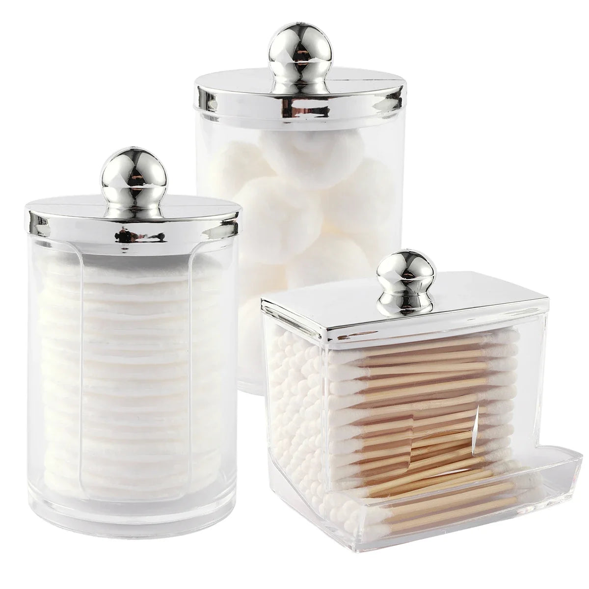 1/3 pcs Qtips Dispenser Bathroom Container with Golden Lid , 10 oz Cotton Ball Holder, Clear Plastic Apothecary Jar Organizer - 3pcs clear silver