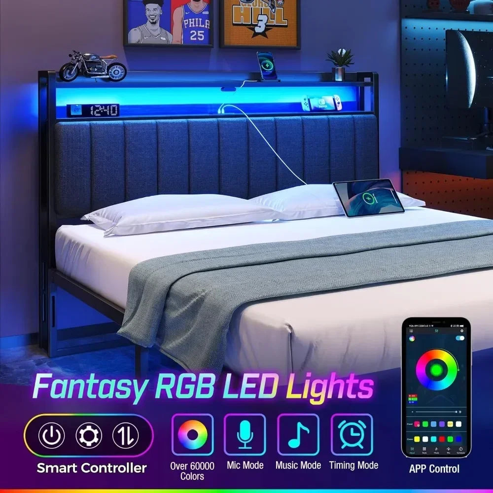 Headboard for Full/Twin/Queen Bed with Storage, 60,000 DIY Color of LED Light, with USB, Height Adjustable, Black Upholstered - view 4