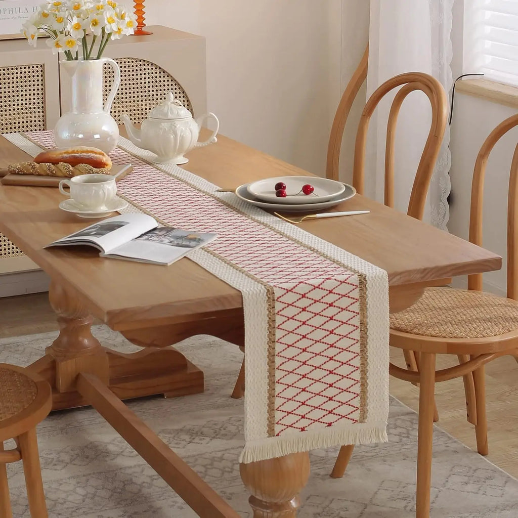Minimalist-Pairing Bohemian Beige Table Runner with Pom-Poms - 30X50cm