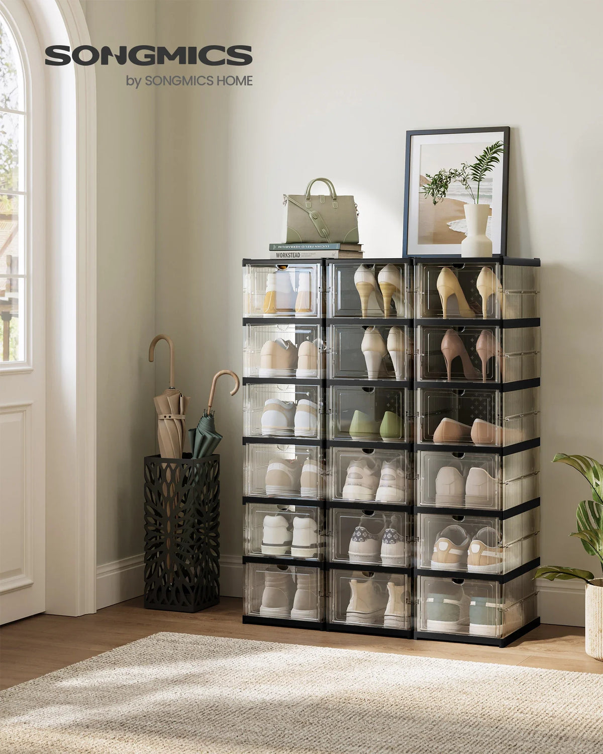 SONGMICS Shoe Boxes, Pack of 18 Stackable Shoe Storage Organiser, Set of 3 Integrated Shoe Cabinets, Foldable and Portable