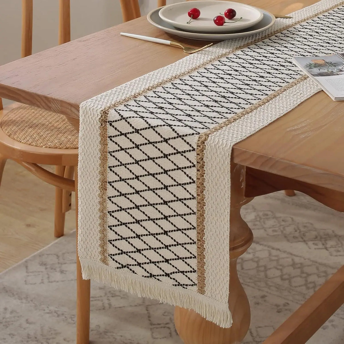 Bohemian table runner cotton geometric linen pom-poms - view 3