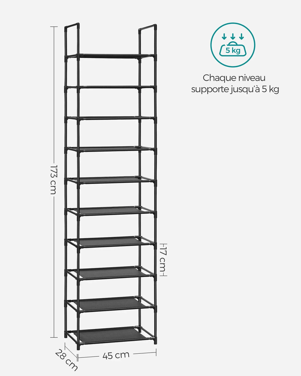 SONGMICS Shoe Rack, 10 Tiers, Narrow Shoe Rack, 28 x 45 x 173 cm, Metal Frame, Non-Woven Fabric Shelves, Hallway, Bedroom - view 6