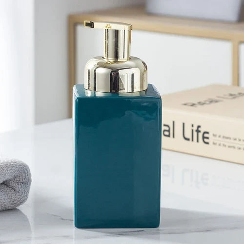 Ceramic soap dispenser with golden pump for bathroom - F
