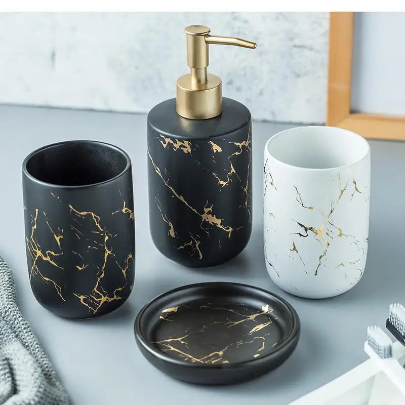 Black Marbled Bathroom Accessories Set, Ceramic Soap Dispenser, Toothbrush Holder, Box, Decoration - view 4