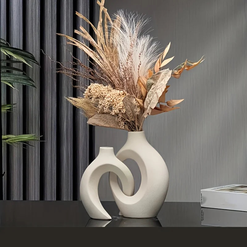 Hollow Nordic Modern Ceramic Vase Set of 2 for Modern Home decor,Modern Boho Hollow Flower Vases for Living Room Bookshelf - WHITE