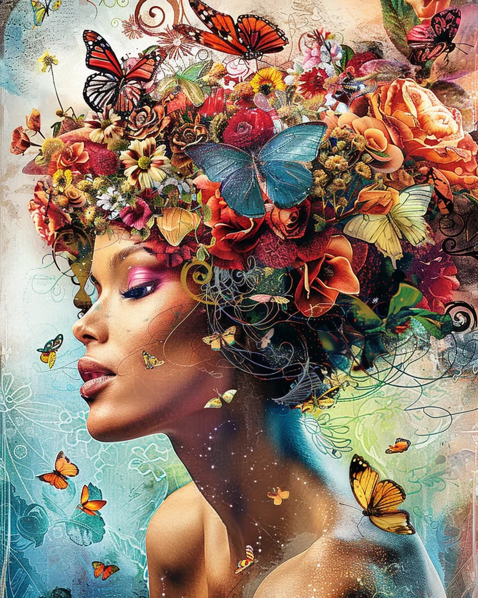 Painting by ethnic numbers girl butterfly flower kit DIY decoration - H6529 / DIY Frame 60x75cm