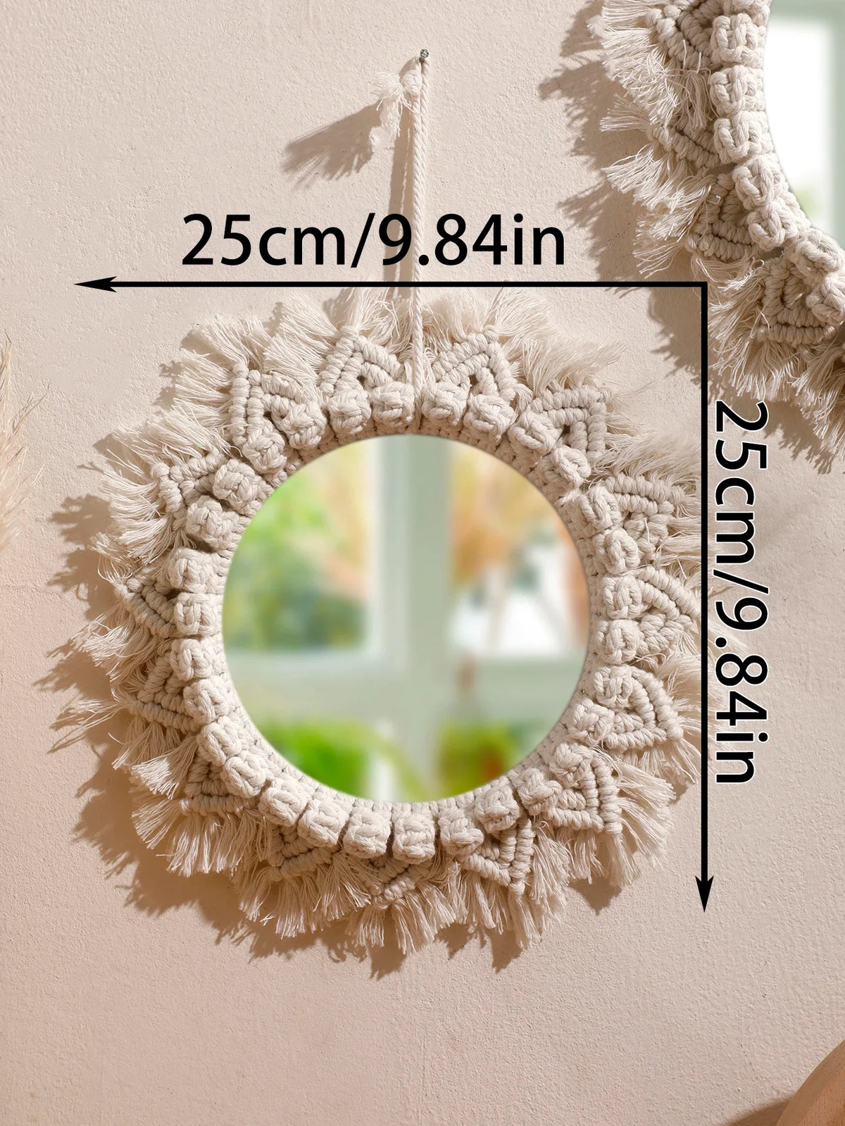 Hanging mirror in decorative macrame with woven pom-poms - KK088-MS8328