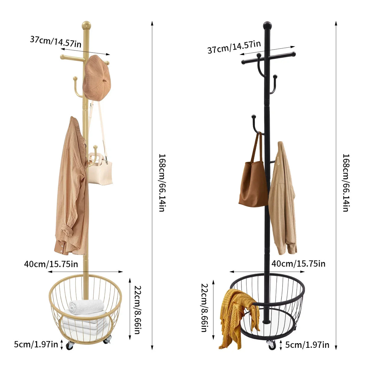 Standing Coat and Hat Hanger Organizer Rack with Mobile Wheel, Entryway Coat Hanger Stand with Storage Basket, Chic Home Tools - view 3