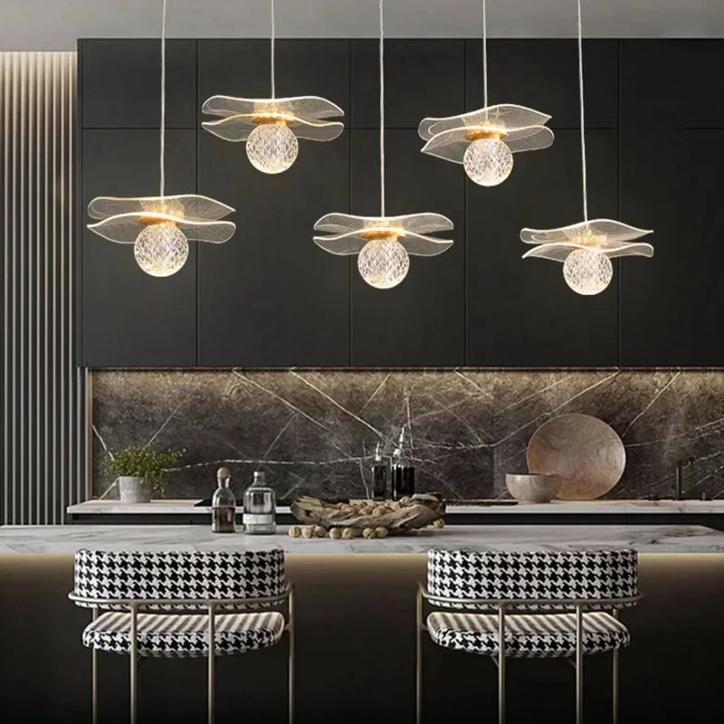 Modern pendant light in the shape of a customizable crystal lotus sheet - view 2