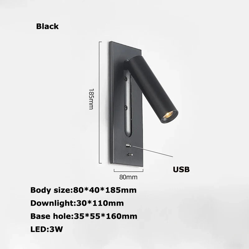 Black Brass LED Wall Spotlight with Switch and USB Port - Neutral light / Black USB
