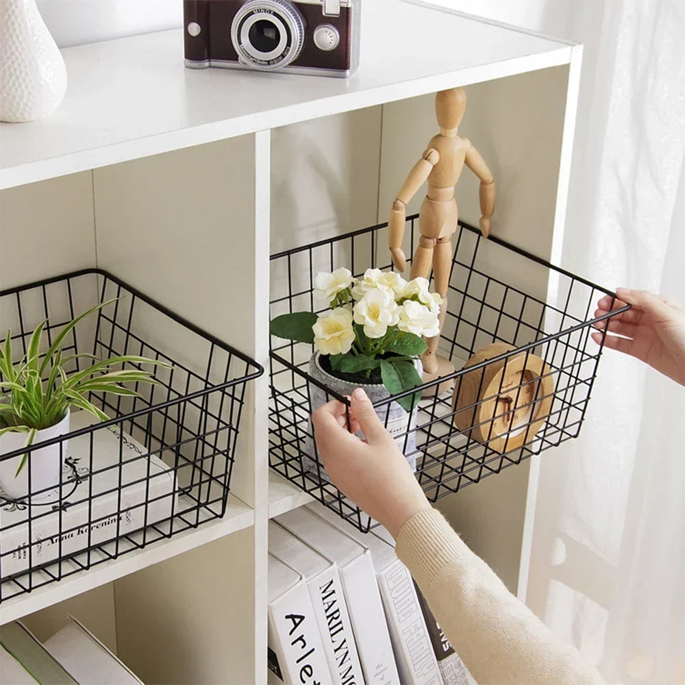 Metal wire storage basket with forged iron handle