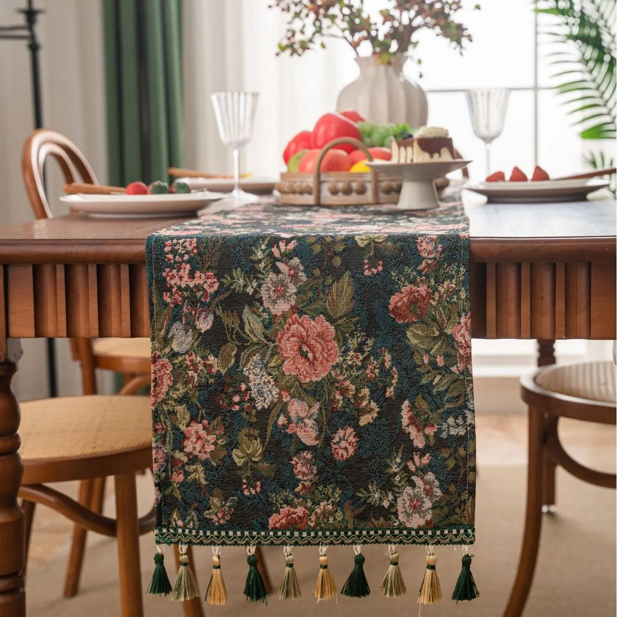Rustic Console Green Jacquard Table Runner with Pom-Poms - 33x120cm