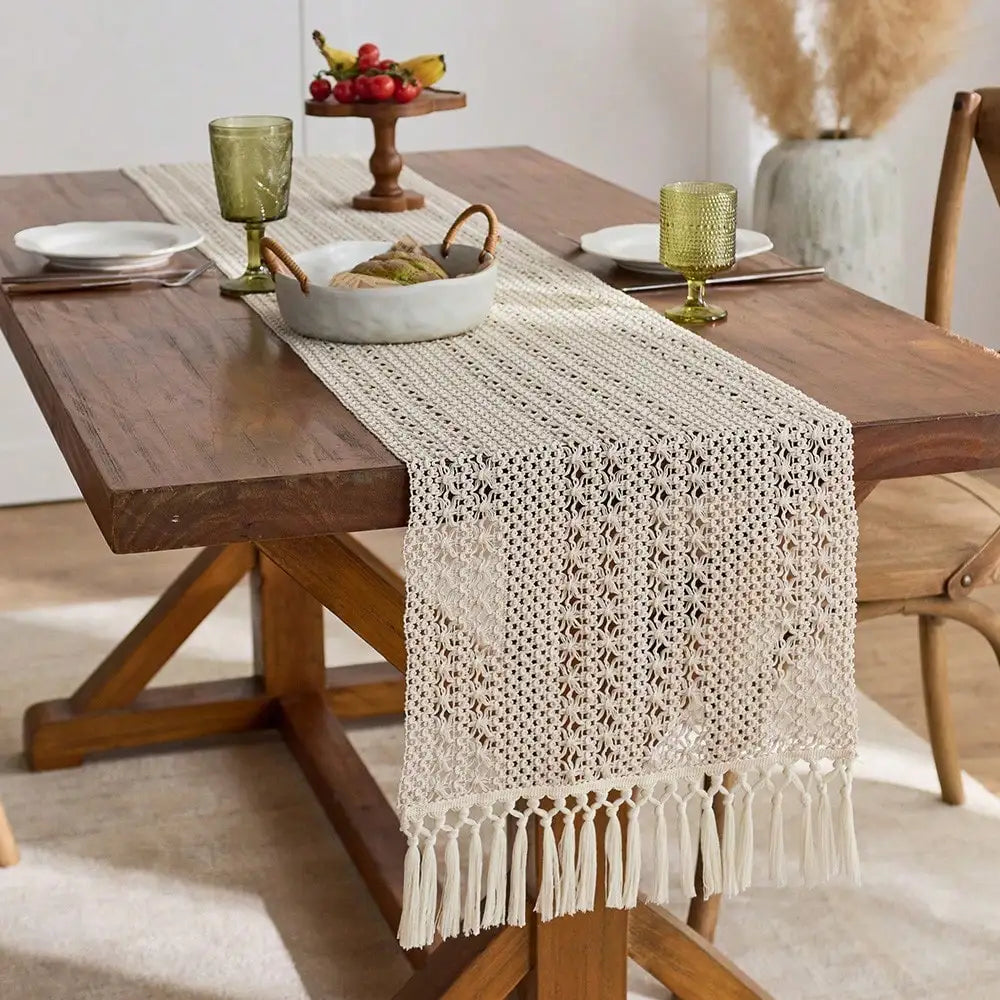 Artisanal Beige Bohemian Table Runner with Pom-Poms - view 7