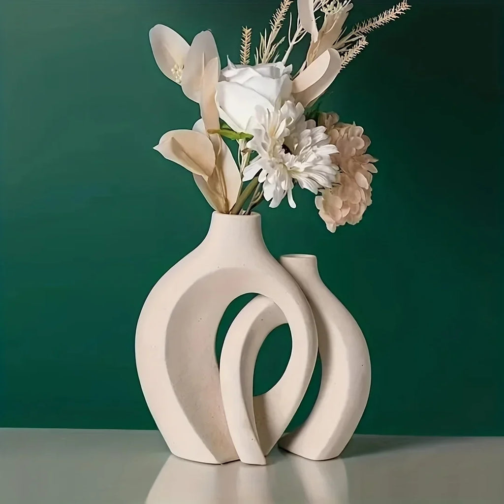 Hollow Nordic Modern Ceramic Vase Set of 2 for Modern Home decor,Modern Boho Hollow Flower Vases for Living Room Bookshelf - view 2