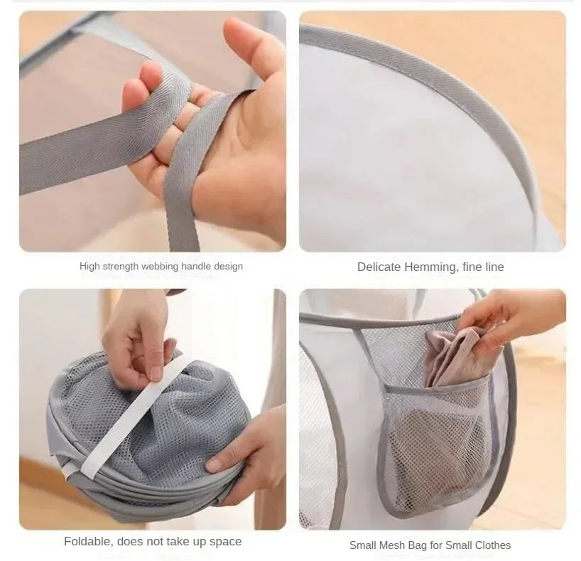 Durable Collapsible Laundry Basket, Mesh Pop Up Laundry Hamper With Side Pocket, Foldable Clothes Storage Hamper With Reinforced - view 3