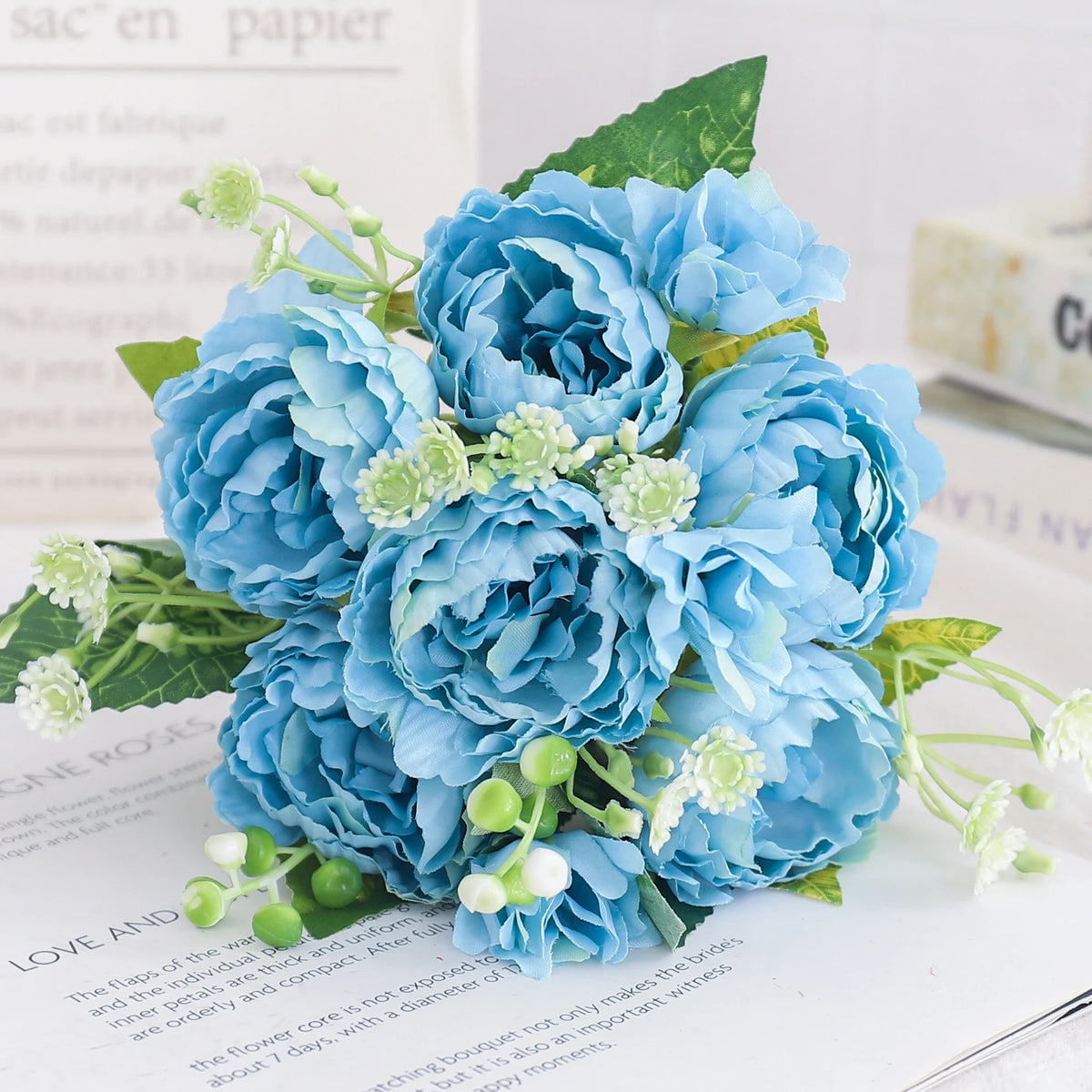 Artificial flowers silk peony hortensia decoration wedding bouquet - Bleu